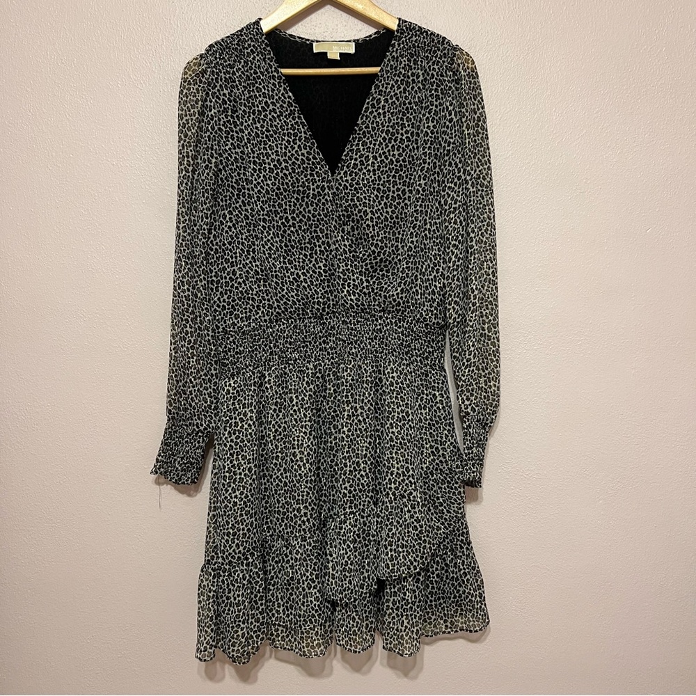 Michael Kors Leopard Print Dress|Size Large|Gold & Black|Smocked Waist|Ruffles